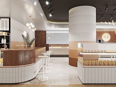 现代奶茶咖啡店 面包店 甜品店  备餐区 单层 休息区 收银前台