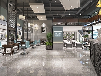 工业风理发店 展示墙 皮质座椅 管道 洗发区