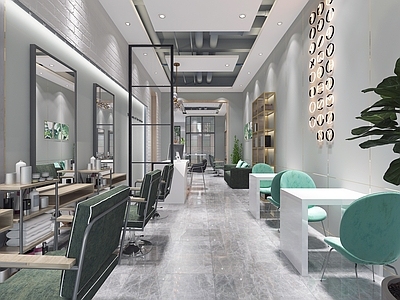 工业风理发店 展示墙 休闲座椅 管道 洗发区 阅读区 挂画 摆件
