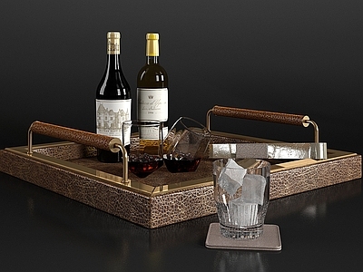 现代酒具 玻璃酒瓶 酒杯 酒 托盘 冰块组合