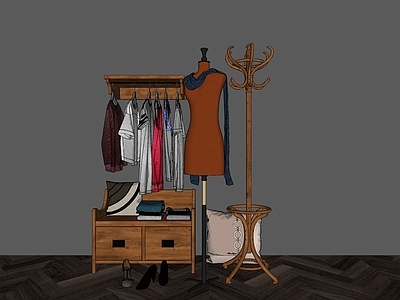现代风格服装 衣架 模特 抱枕 箩筐
