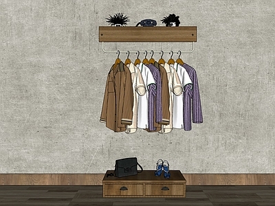 现代风格服装 挂衣架 绿植盆栽 衣服 鞋子 包包