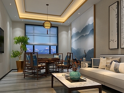 新中式棋牌室 棋牌桌 壁画 沙发