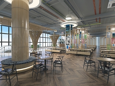工业风格餐厅 食堂 餐桌椅 造型柱 管道 电扶梯
