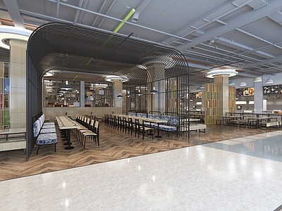 工业风格餐厅 食堂 椅 造型柱 管道 金属