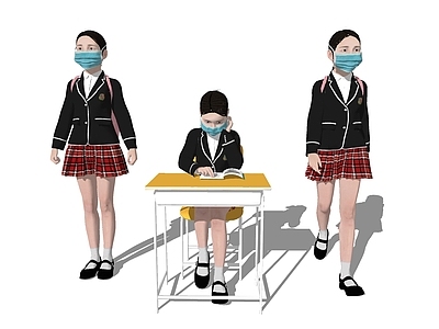 现代儿童 口罩 学生 人物 校服 女人