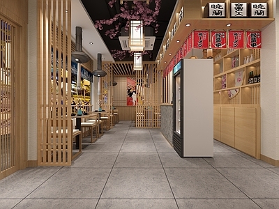 日式烤肉店 樱花 格栅 收银台 灯笼 挂画 屋檐 吊灯 日韩餐厅