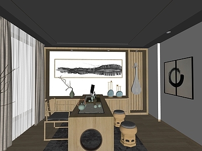 中式风格茶室 茶艺展示 茶具展示 实木茶桌 茶叶柜