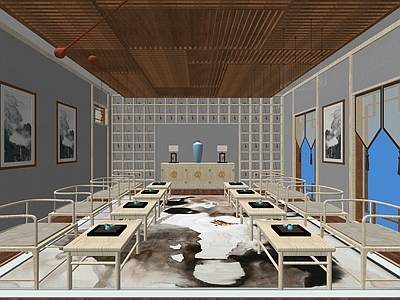 中式风格茶馆 茶艺展示 茶具展示 实木茶桌 茶叶柜