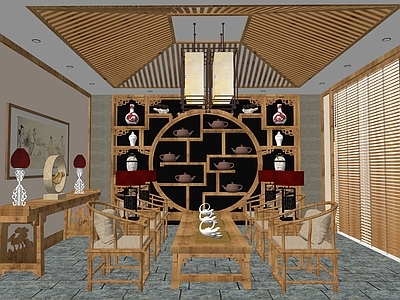 中式风格茶室 茶艺展示 茶具展示 实木茶桌 茶叶柜