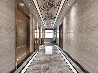 新中式公司过道 电梯间 电梯 装饰 办公走廊