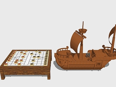 中式风格棋牌桌 象棋 木船