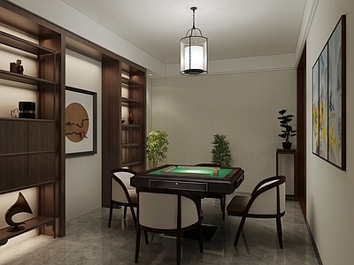 新中式棋牌室 麻将室 挂画 酒柜 地下室 麻将台