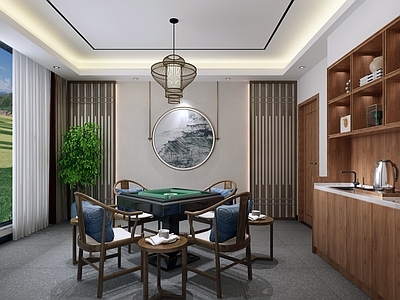 新中式棋牌室 烧水壶 造型墙 麻将桌