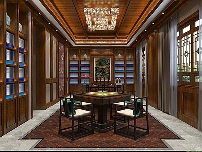 中式 棋牌室 麻将桌 水晶吊灯 书柜