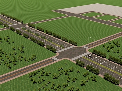 现代风格道路 马路 斑马线 停车线 路标 汽车 行道树 路灯