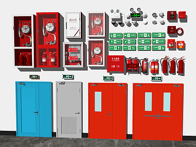 现代风格灭火器 消火栓 消防箱 烟感喷淋 安全出口 消防器材
