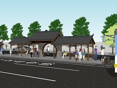 中式风格公交站 廊架