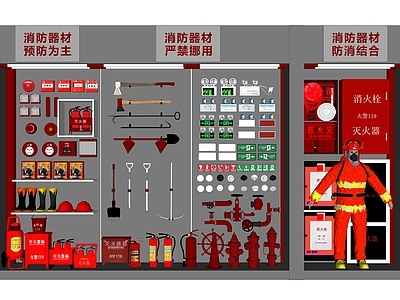 现代消防栓 灭火器 消防柜 消防管