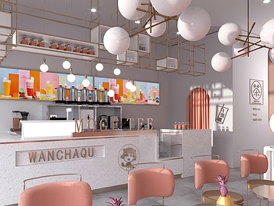 现代奶茶店 备餐区 单层 收银前台 休息区