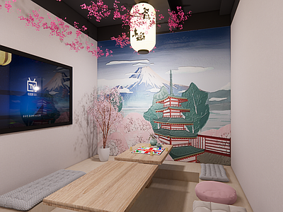 日式其他娱乐空间  樱花 灯笼 鹅卵石 石板路径