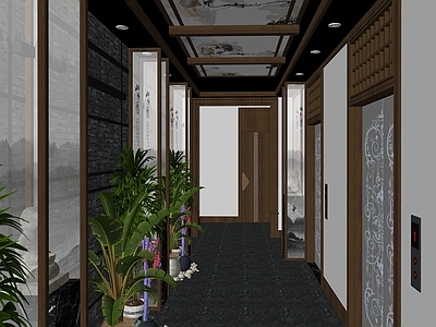新中式酒店玄关过道 餐厅通道 绿植 电梯口