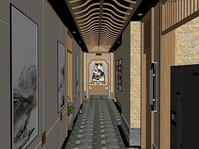 新中式酒店玄关过道 餐厅通道 玄关柜 电梯口 装饰画