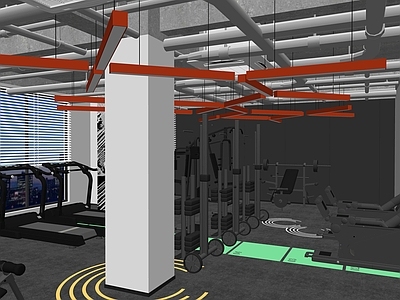 工业风格健身房 健身器材 跑步机 哑铃 杠铃