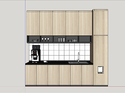 现代茶水间 储物柜 水杯 水槽 水龙头 咖啡机