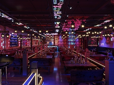 新中式酒吧 餐桌椅 卡座 霓虹灯