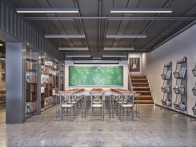 工业风书店 图书馆 书吧 书架 柜 书桌