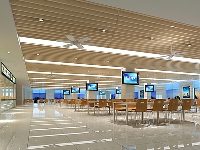 现代食堂 员工餐厅 饭堂 餐桌椅 电视 吊扇 电风扇 打饭窗口