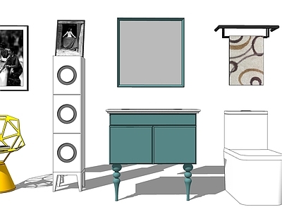 现代卫浴小件组合 洗手台 马桶 柜子 架子 毛巾架 室内