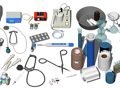 现代医疗器械 急救箱 药瓶 针管 听诊器 体温计