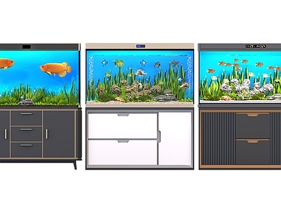 现代鱼缸 水族箱 海草 观赏鱼 鱼群 边柜 端景台