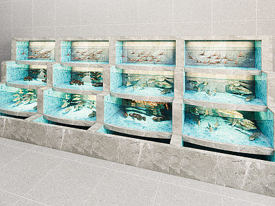 现代海鲜鱼池 海鲜展柜