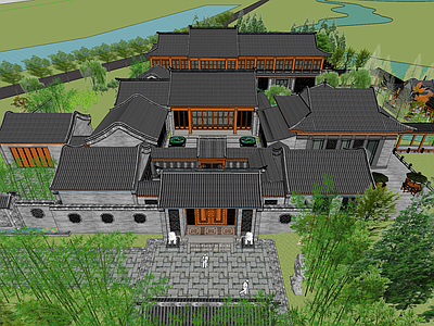 中式风格四合院 会馆 庭院景观