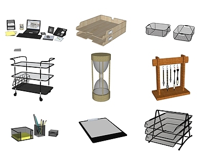 现代办公用品组合 办公饰品 文件盒 毛笔 小推车 文件筐 书夹板