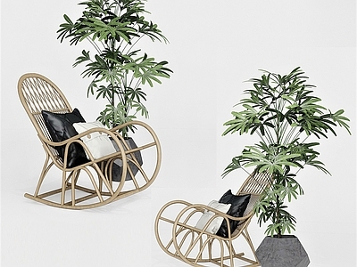 现代躺椅 老爷椅 植物 摆件 花盆 抱枕 摇摇椅 椅子 休闲椅 室内