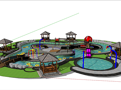 现代儿童游乐设施 泳池 凉亭 吊桥