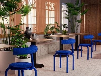 【SU悬赏模型】现代餐厅 餐椅 绿植盆栽 窗帘