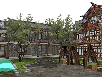 中式四合院 民宿 带水景花园