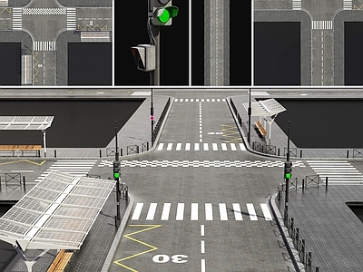 现代道路设施 汽车 斑马线 人行道 红绿灯 公交站台 车道 高速路