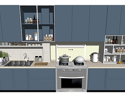 现代厨房用品组合 橱柜 微波炉 厨具 灶台 调料罐 餐具