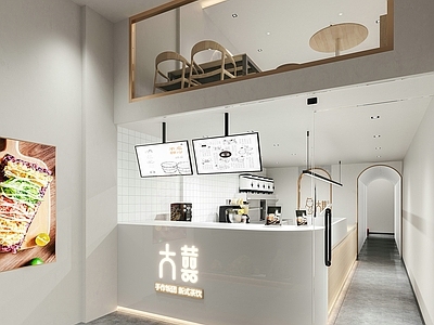现代奶茶店 备餐区 收银 双层