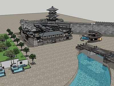 中式四合院 古建筑 城堡 阁楼 城墙 庄园 亭台楼阁 带水景花园