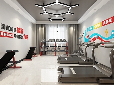 现代健身室 活动室 标语 跑步机 线条灯 公共空间