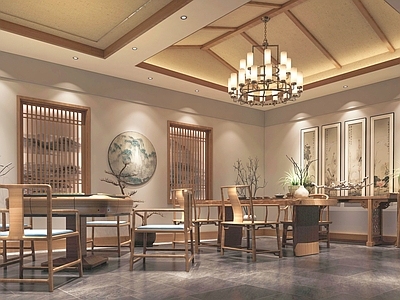 新中式休闲茶室 麻将室 娱乐室 吊灯 挂画 茶桌椅 字画 茶台 吊灯