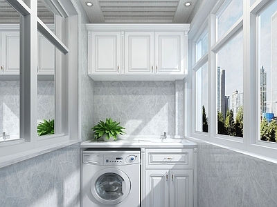 现代阳台 浴柜 洗衣机 绿植 壁柜 洗手台 窗户