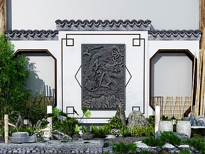 新中式绿植墙 假山山水